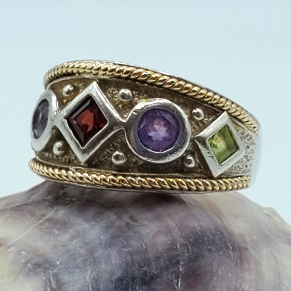 Jewelry - Sterling Silver/14K Ring with Garnet, Amethyst, and Peridot 6.75 Vintage
